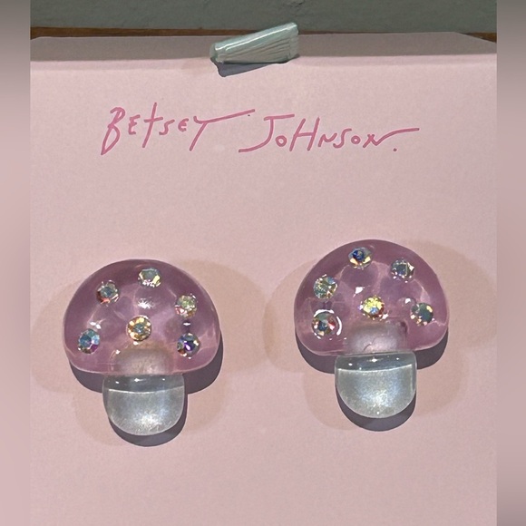 NWTS BETSEY JOHNSON Pink Mushroom Stud Earrings Silver Rhinestones Accents. - Picture 3 of 5
